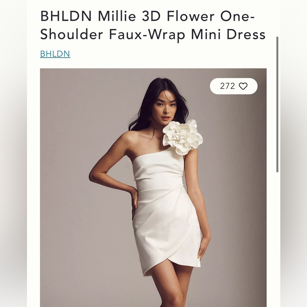 BHLDN MILLIE 3D FLOWER ONE-SHOULDER FAUX-WRAP MINI DRESS